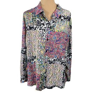 Jones NY Floral Patchwork Blouse Top Size 1X Button Front Collar Multi-Color